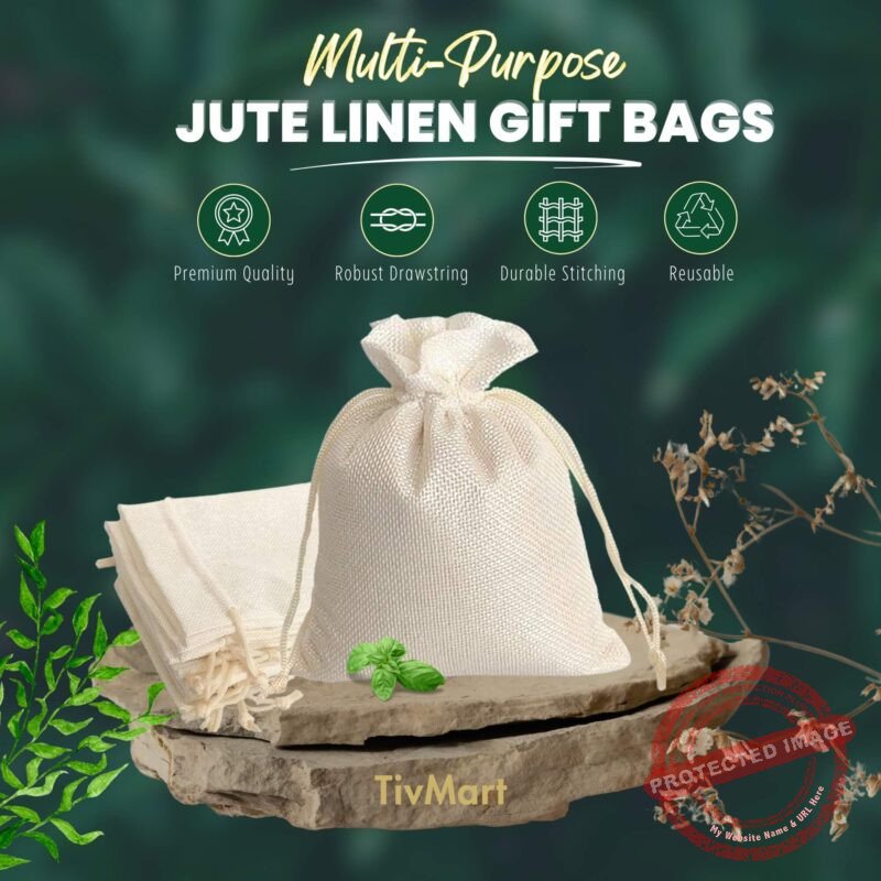 TivMart White Jute Linen Return Gift Pouches 5